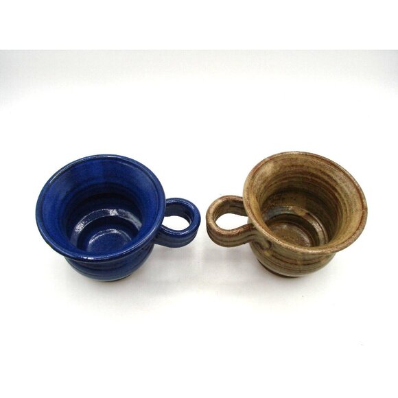 Two Vintage Stoneware Mugs Cups Blue Brown Wide Mouth Reverse Handle Artist Sign - Picture 5 of 14